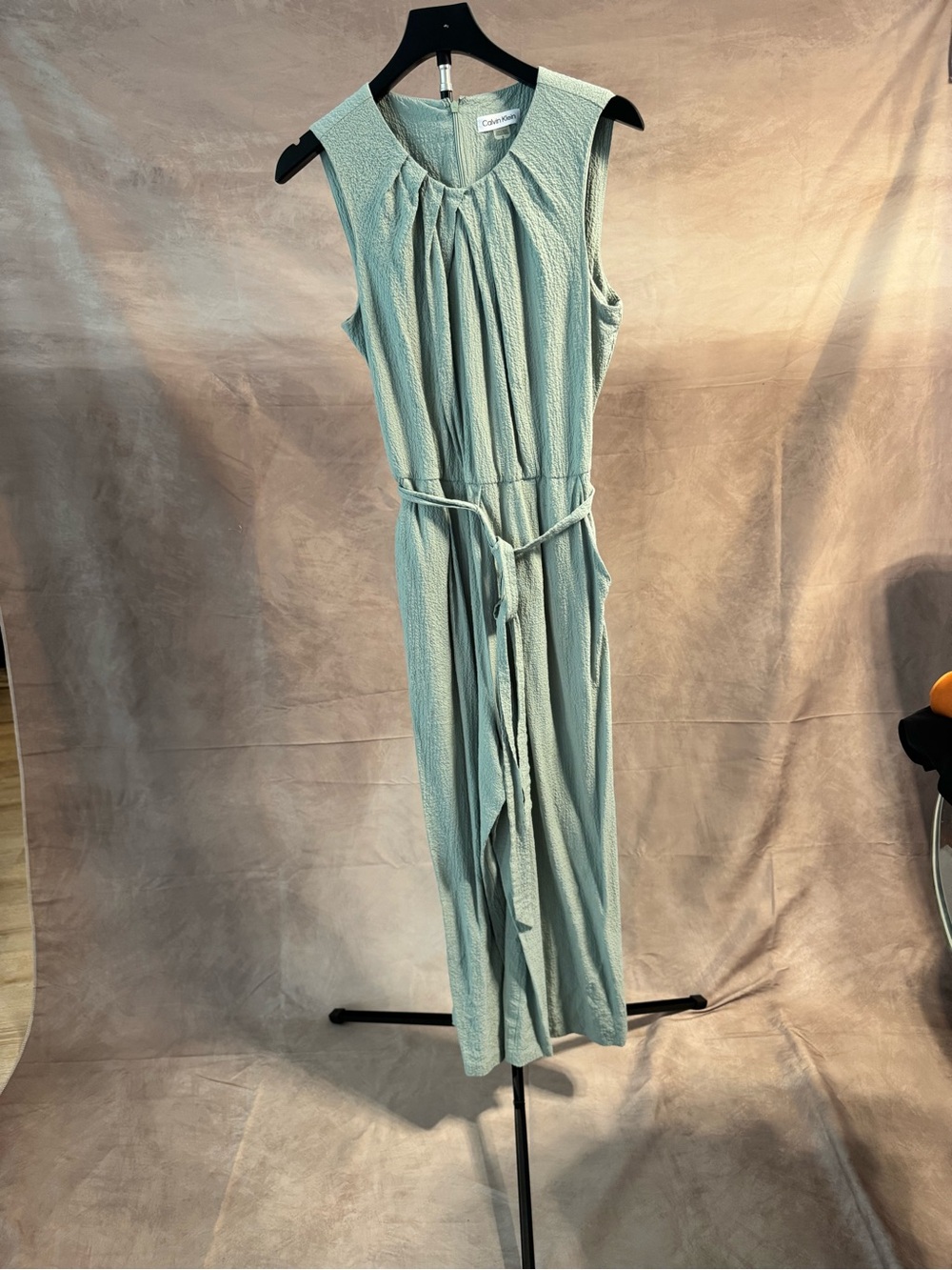 Calvin Klein Sleeveless Sage Green Jumpsuit with Tie Waist